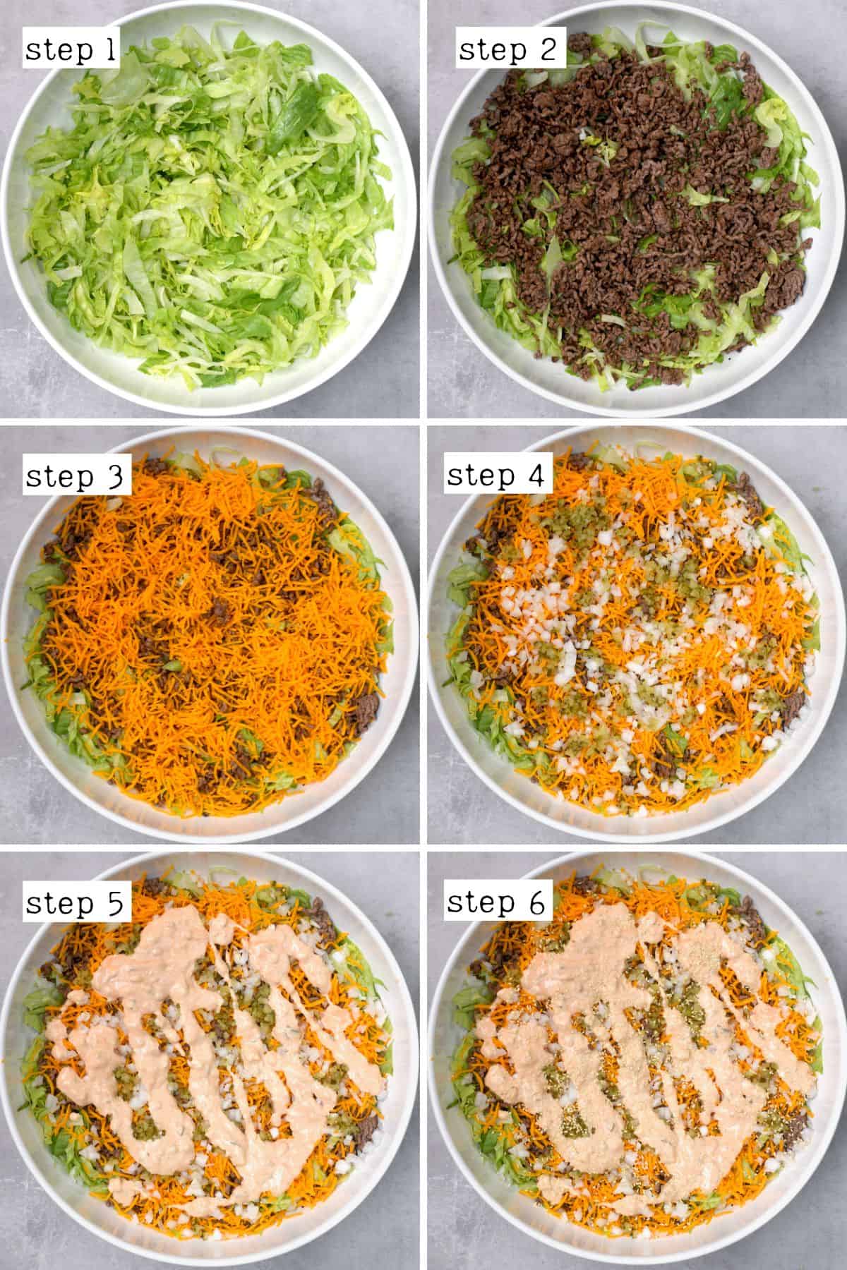 Steps for layering Big Mac salad