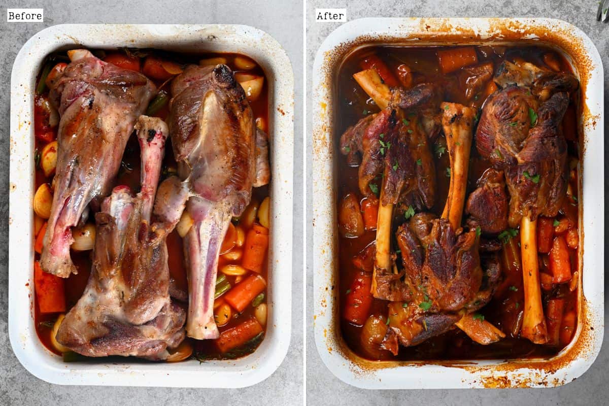 Before and after braising lamb shank