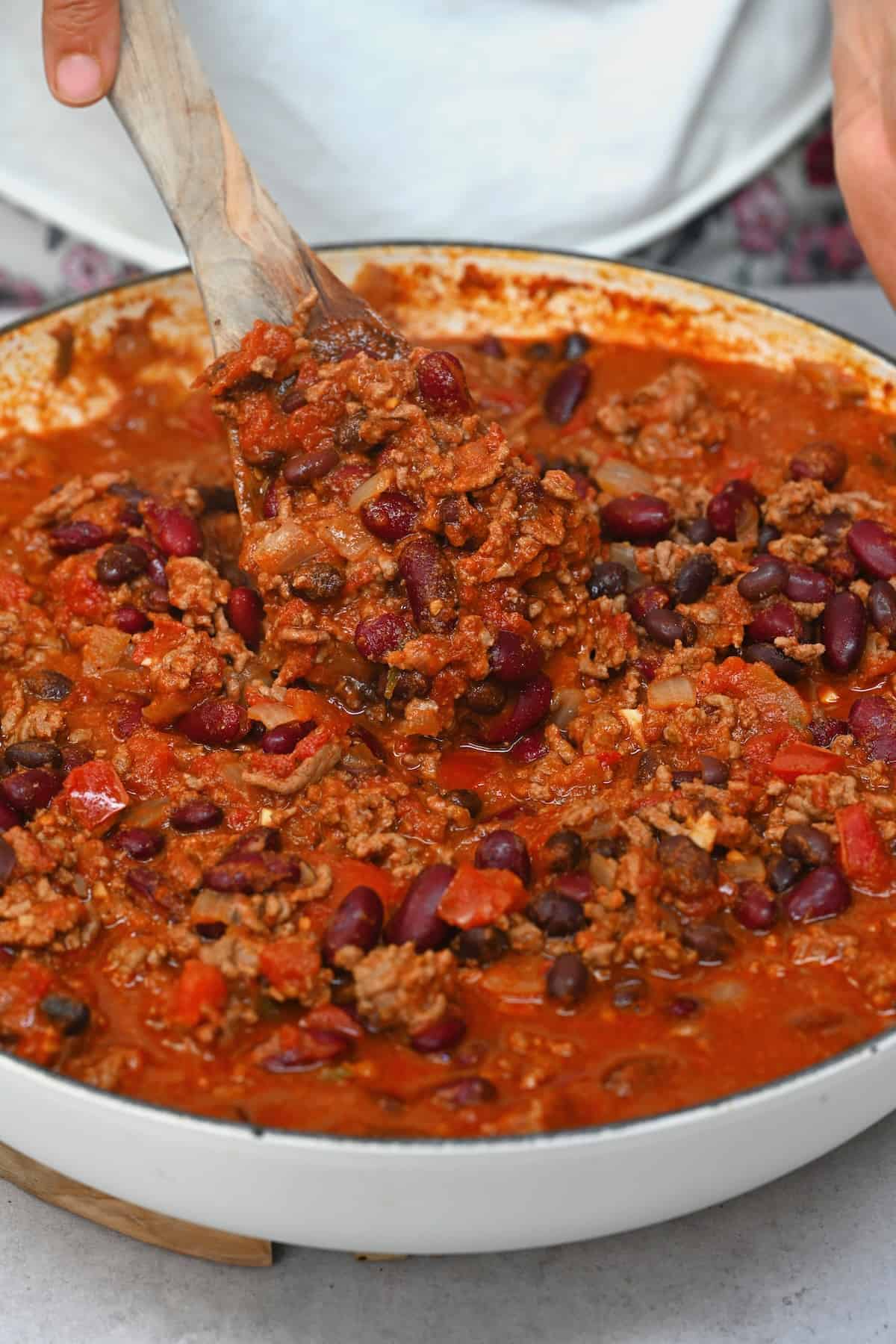 A large saucepan with homemade chili