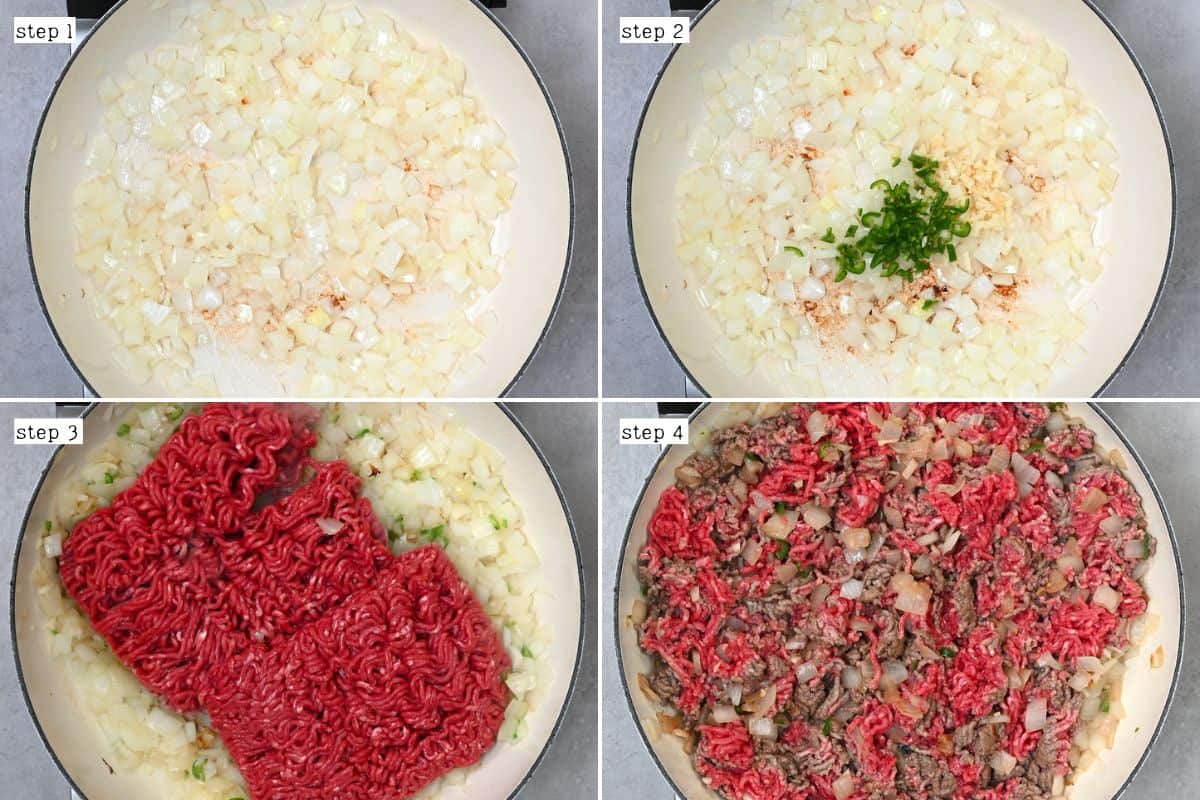 Steps for cooking aromatics and ground beef