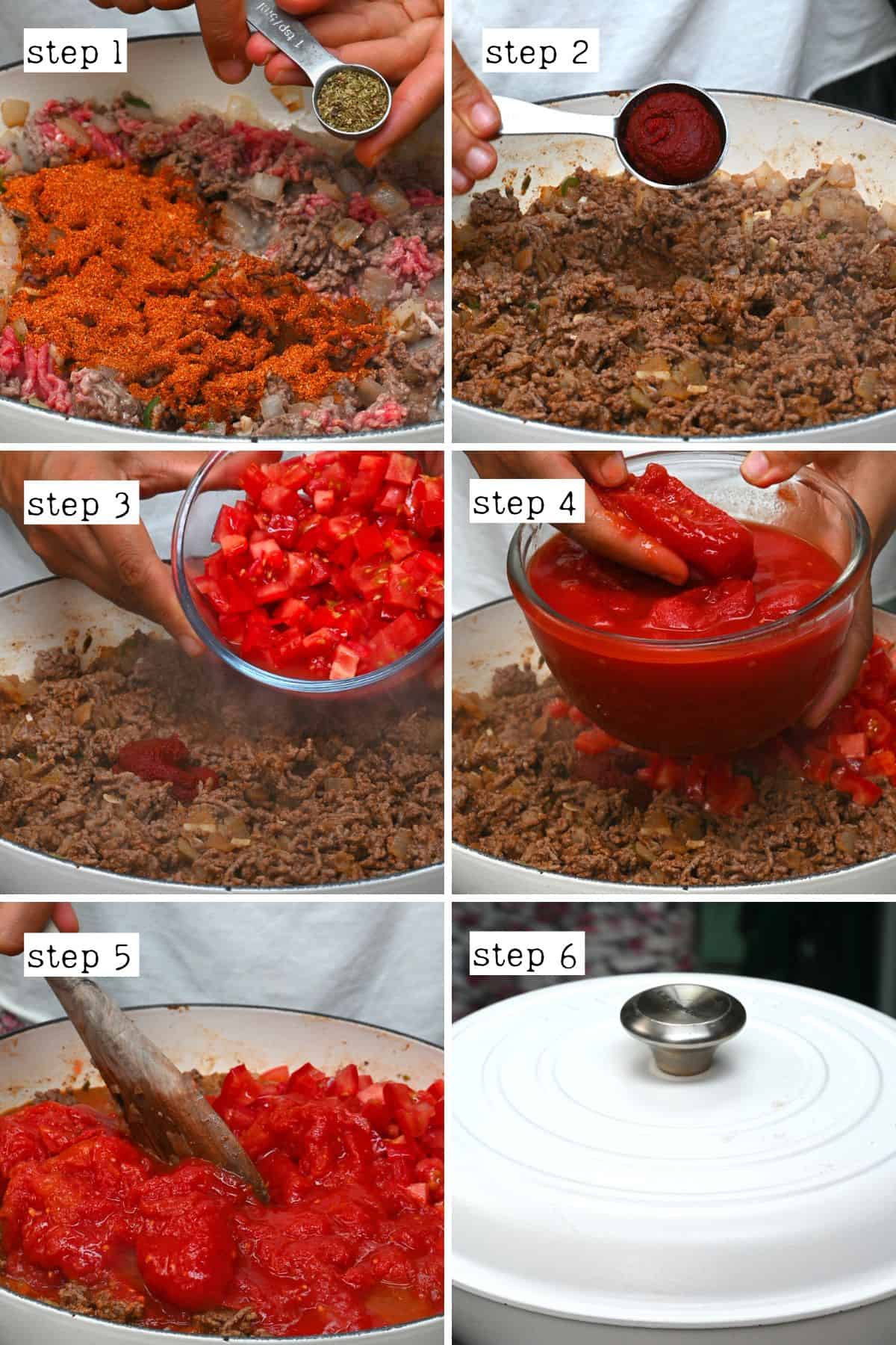 Steps for cooking beef with tomatoes for chili