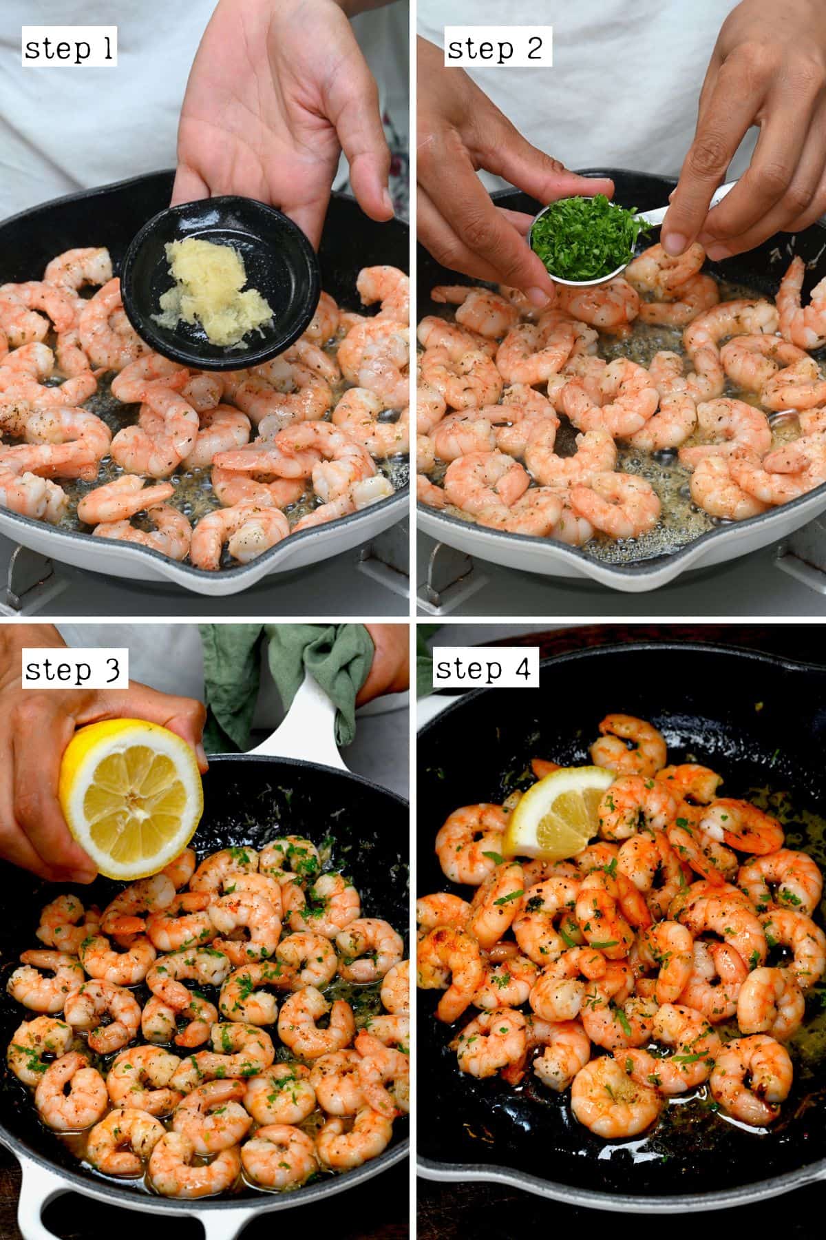 Adding garlic and parsley to cooked shrimp