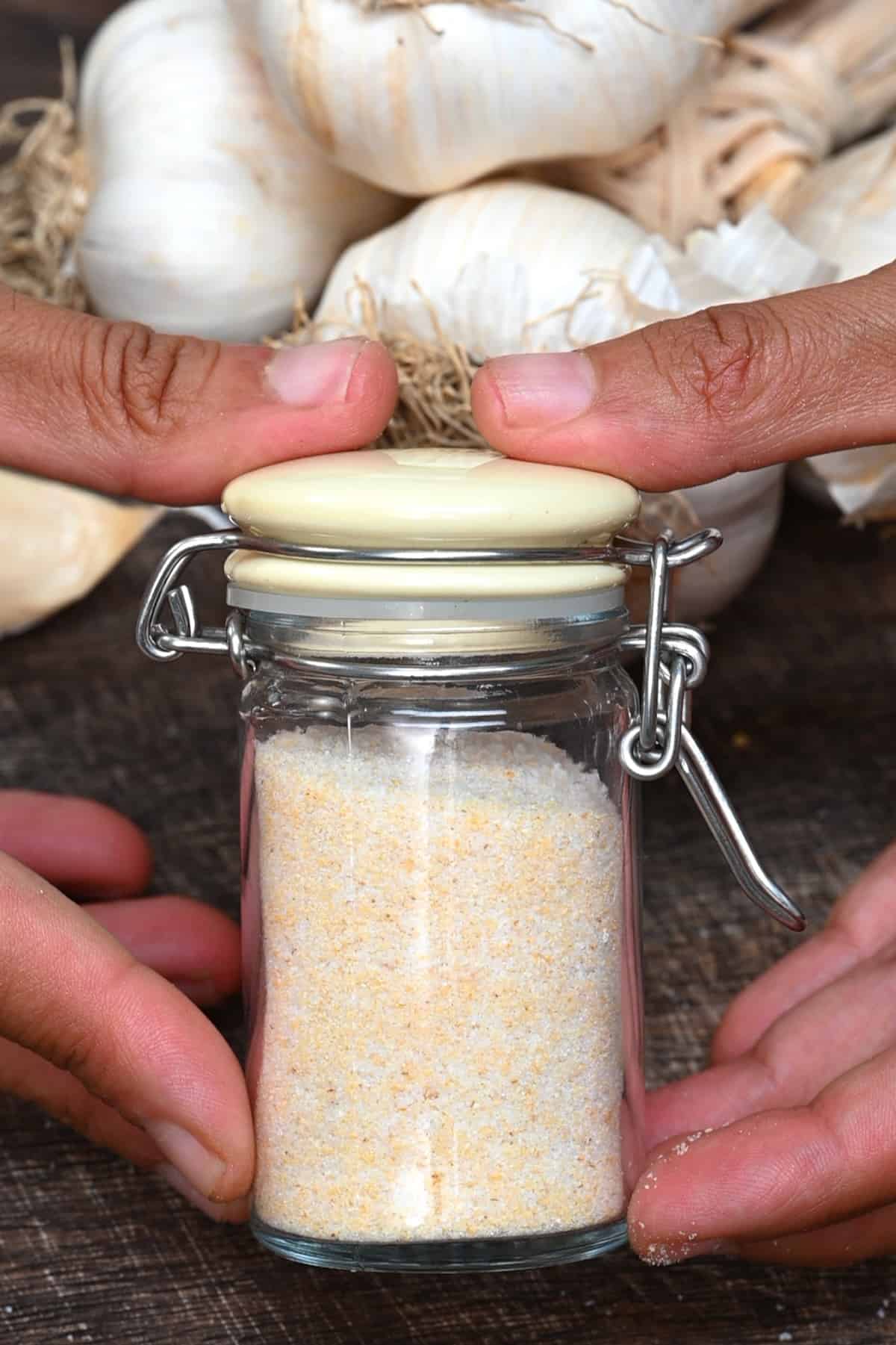Homemade garlic salt in a small jar