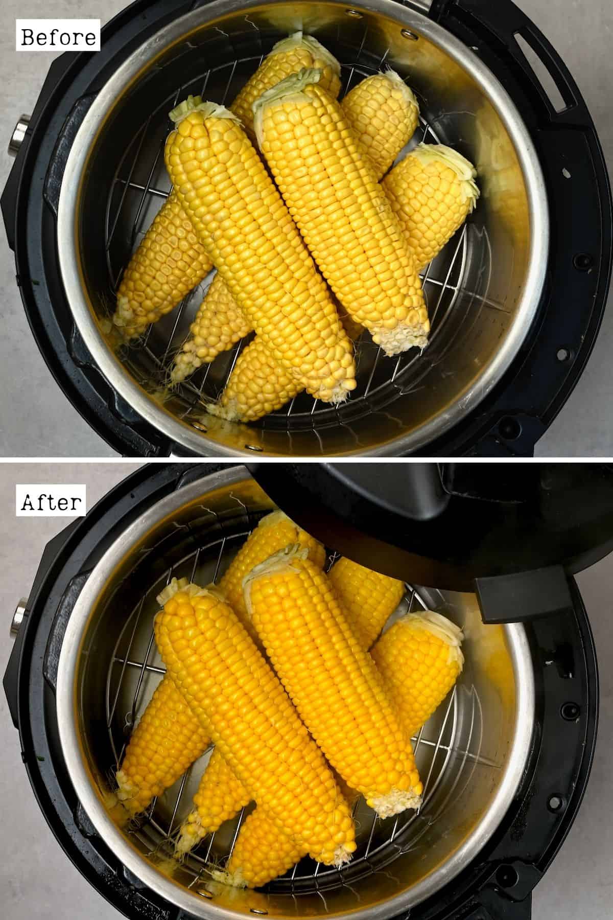 Before and after cooking corn on the cob in an instant pot