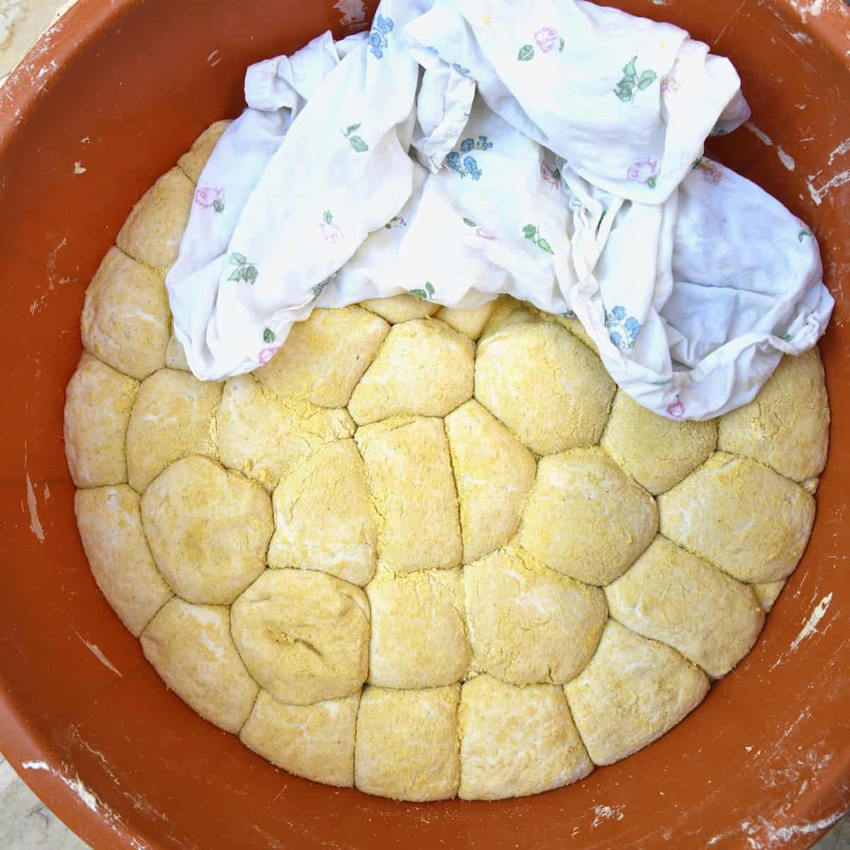 Markouk dough bread rolled into balls in a container