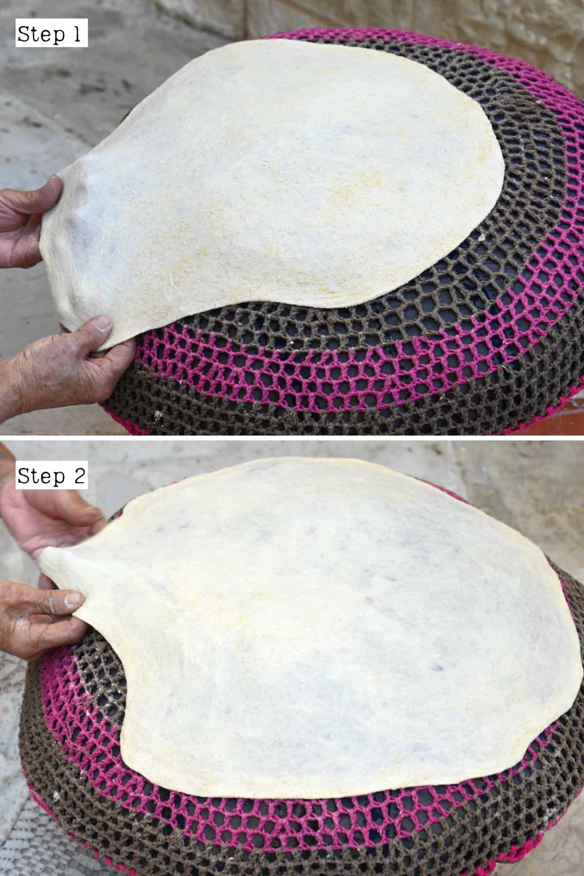 Steps for stretching markouk bread dough