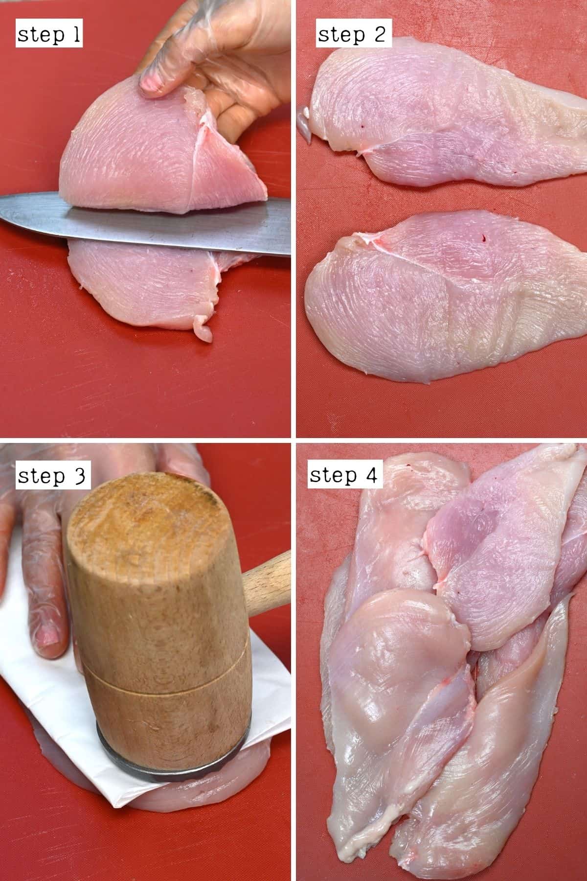 Steps for cutting and flattening chicken breast