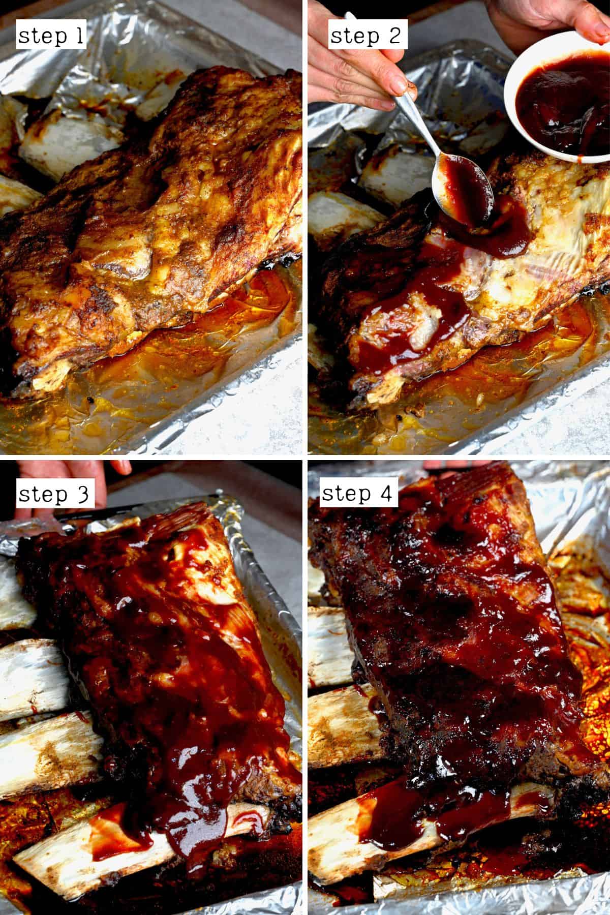 Steps for covering baked short ribs with BBQ sauce