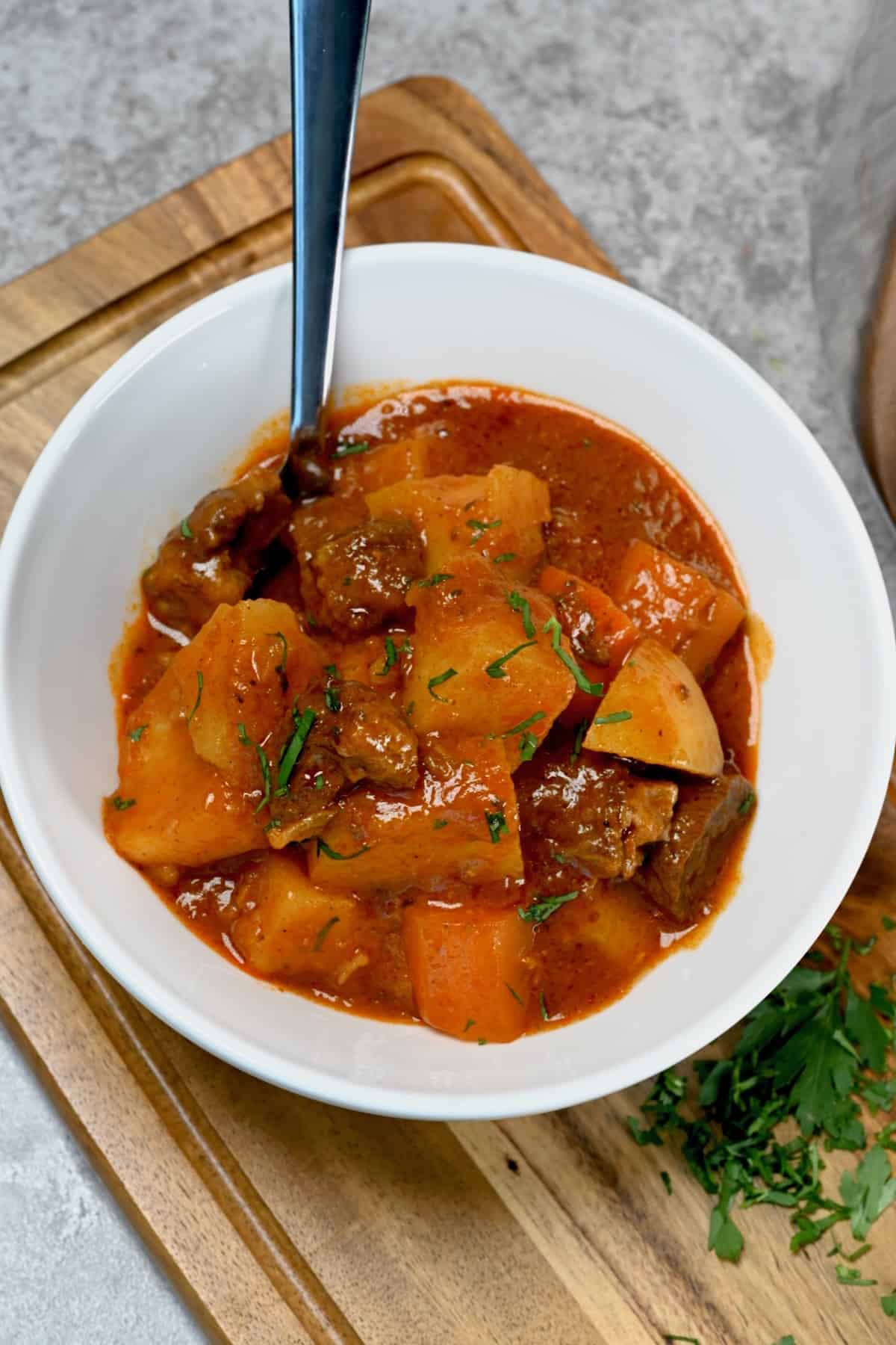 A serving of beef stew cooked in instant pot
