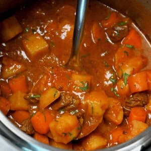A ladleful of instant pot beef stew with carrots and potatoes