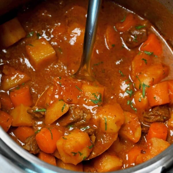 A ladleful of instant pot beef stew with carrots and potatoes