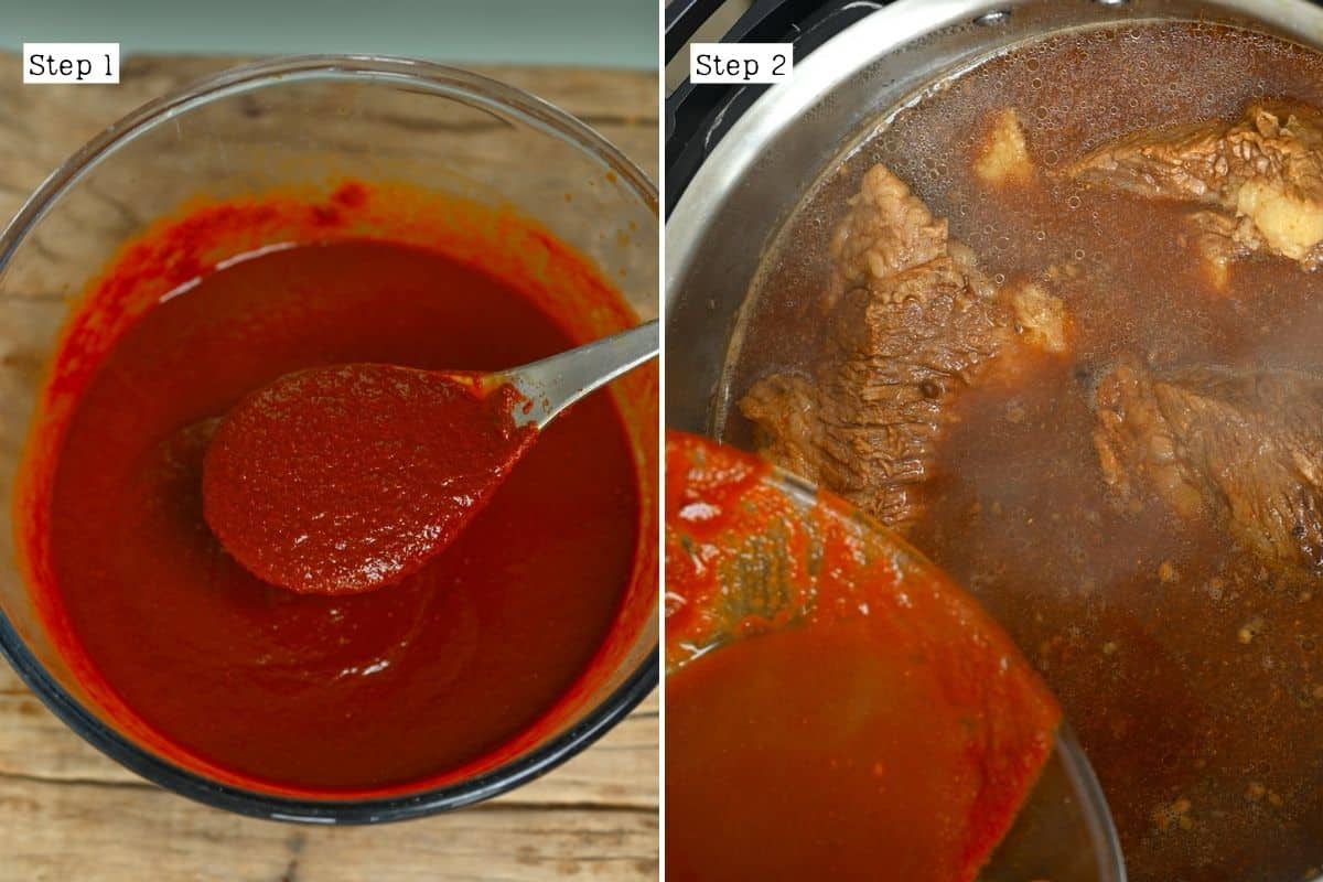 Steps for adding tomato sauce to birria beef