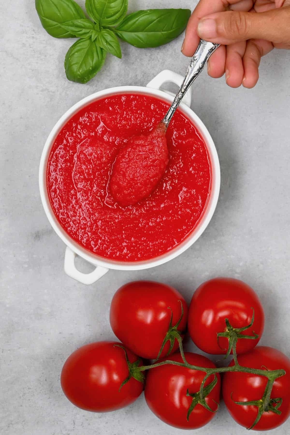 A bowl and spoonful of homemade tomato puree
