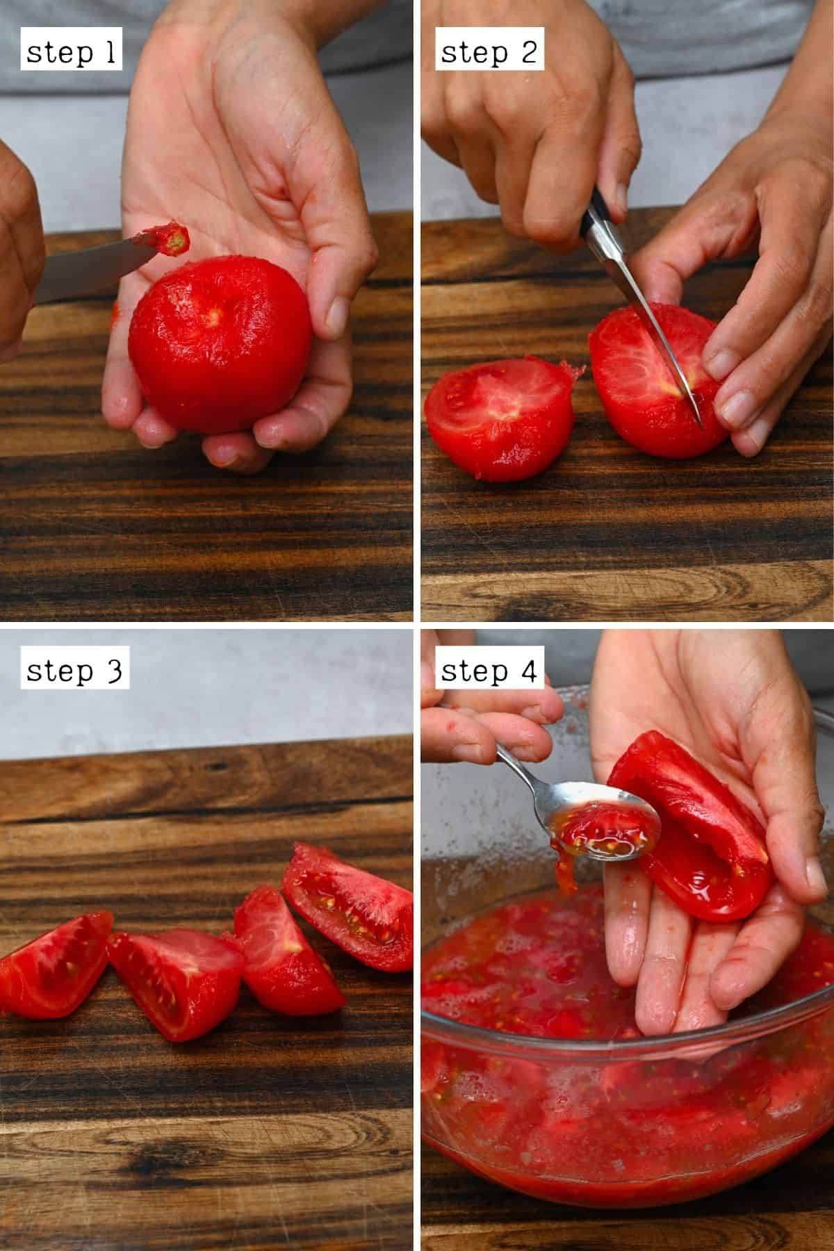 Steps for cutting and deseeding tomatoes