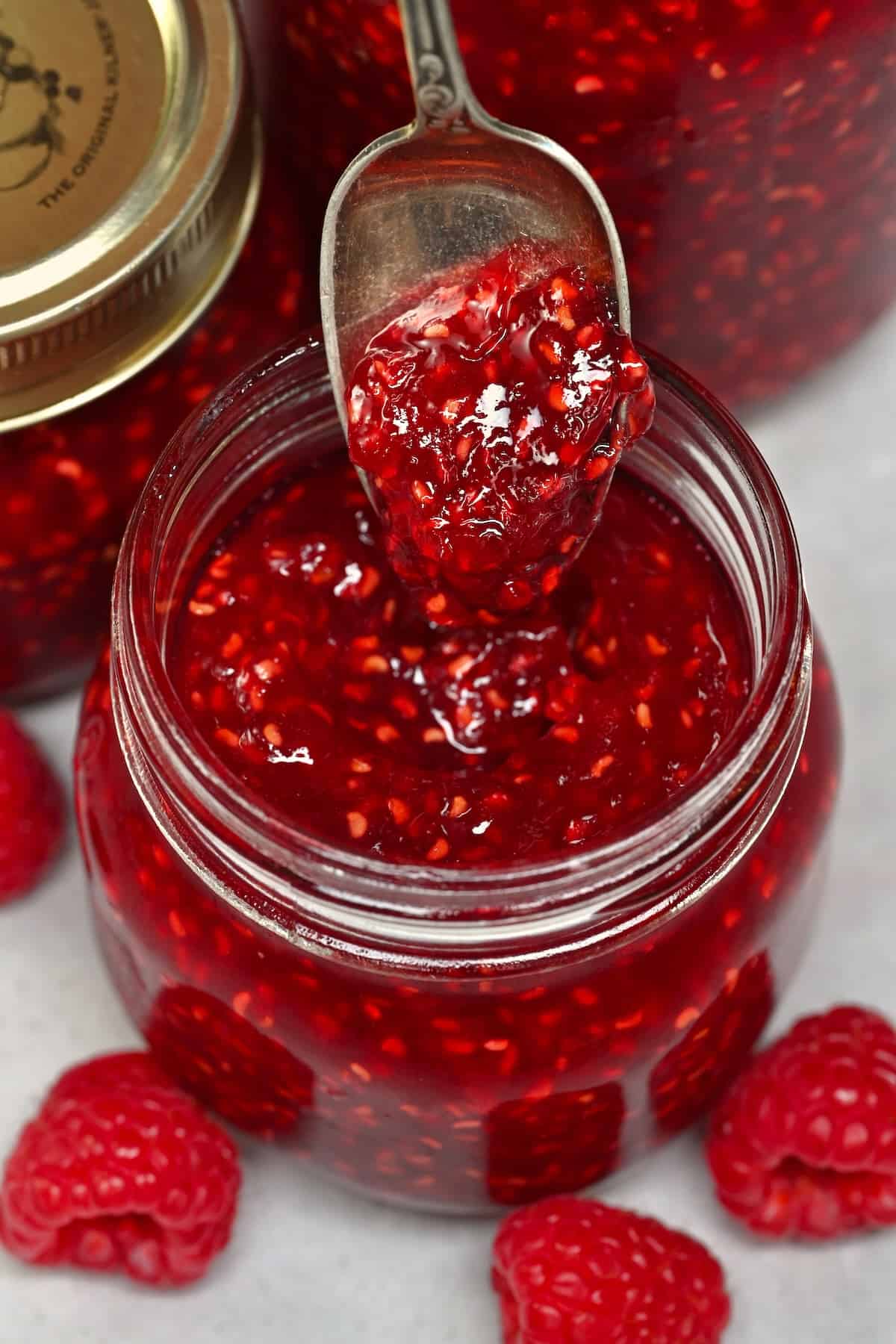 A spoonful of homemade raspberry jam