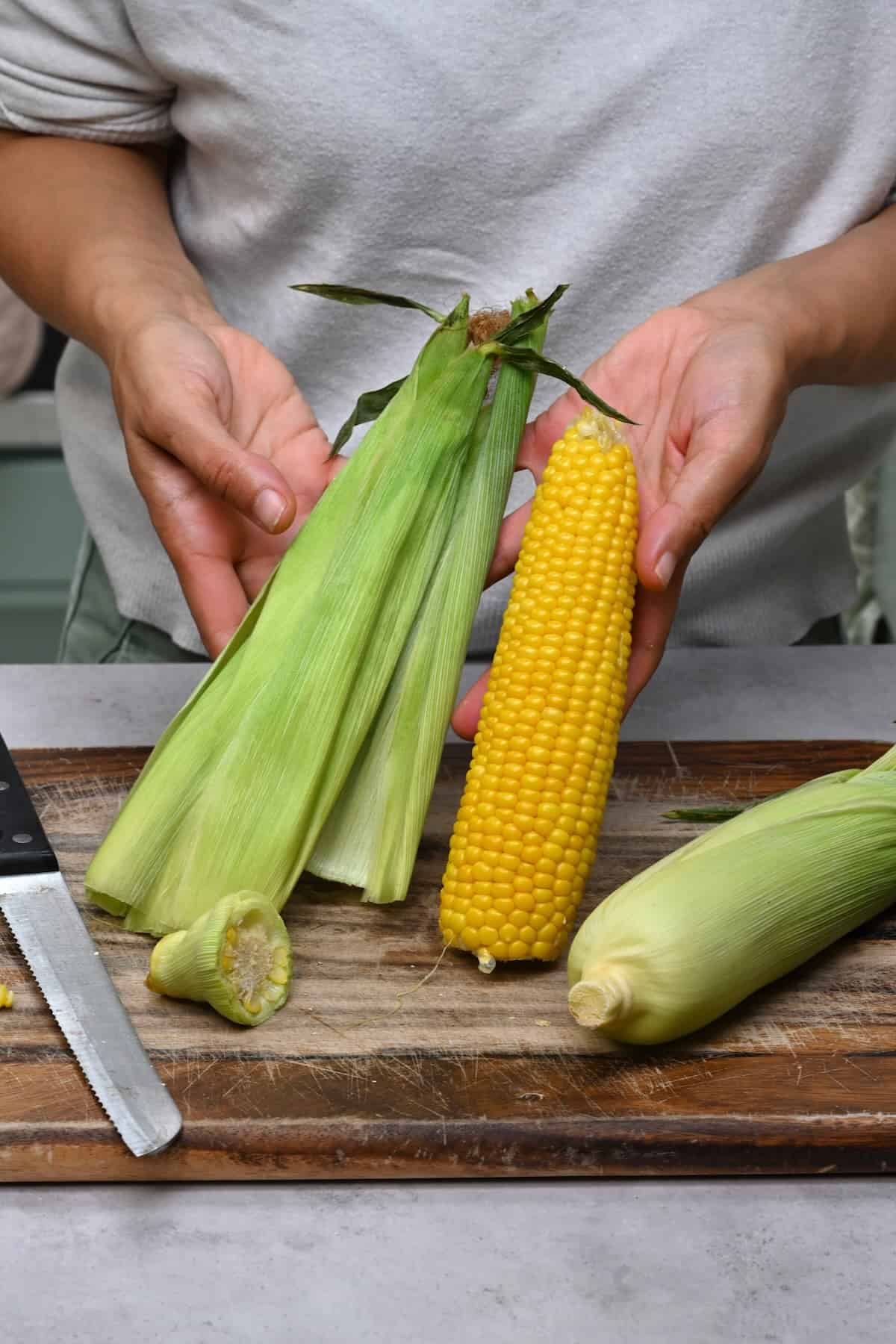 Microwaved corn on the cob with removed husk