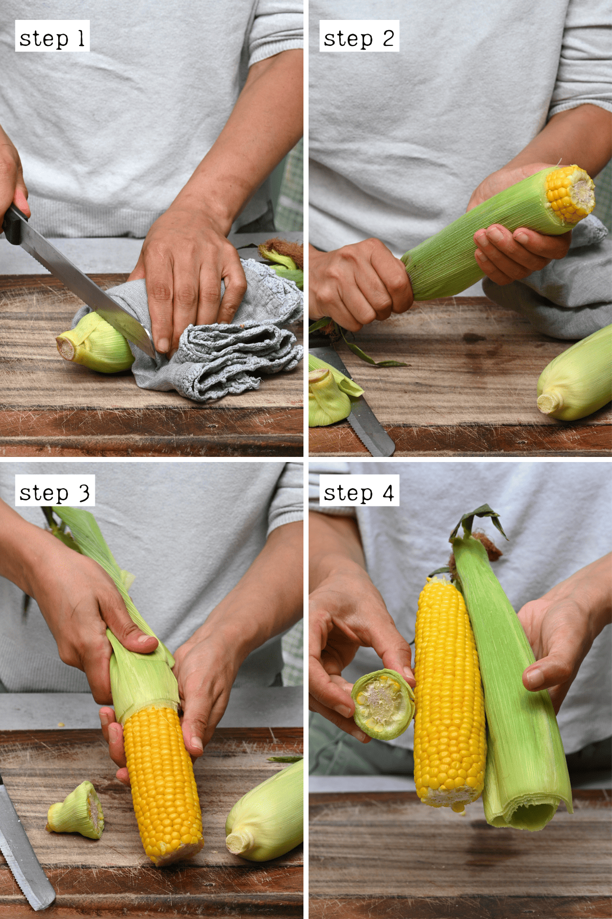 Steps for removing husk from microwaved corn