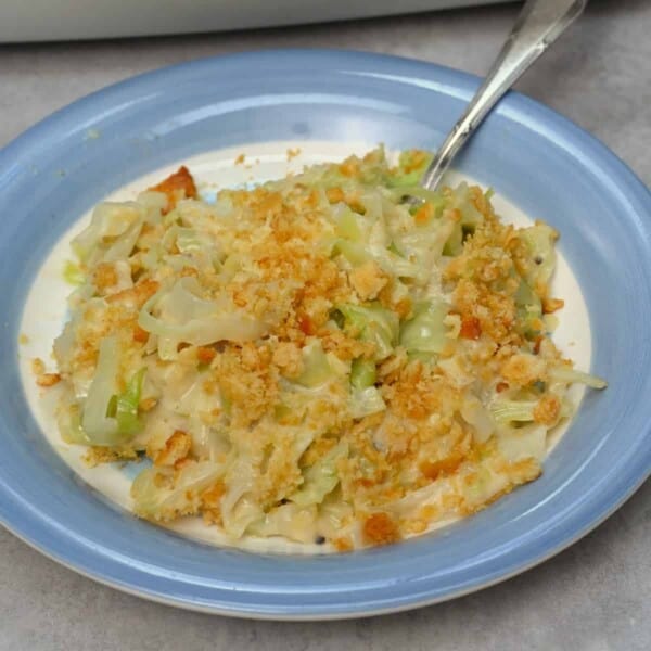 A serving of homemade cabbage casserole