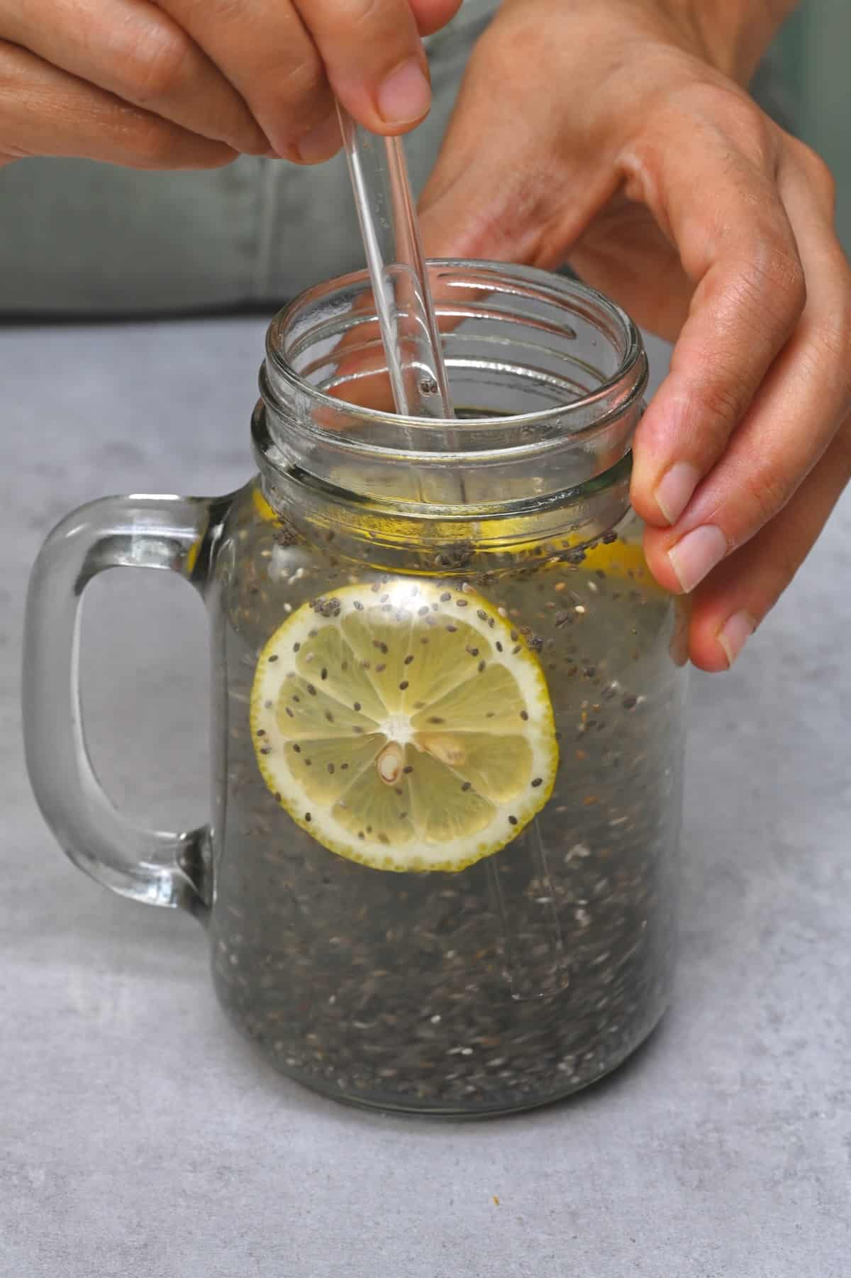 A large glass with chia water