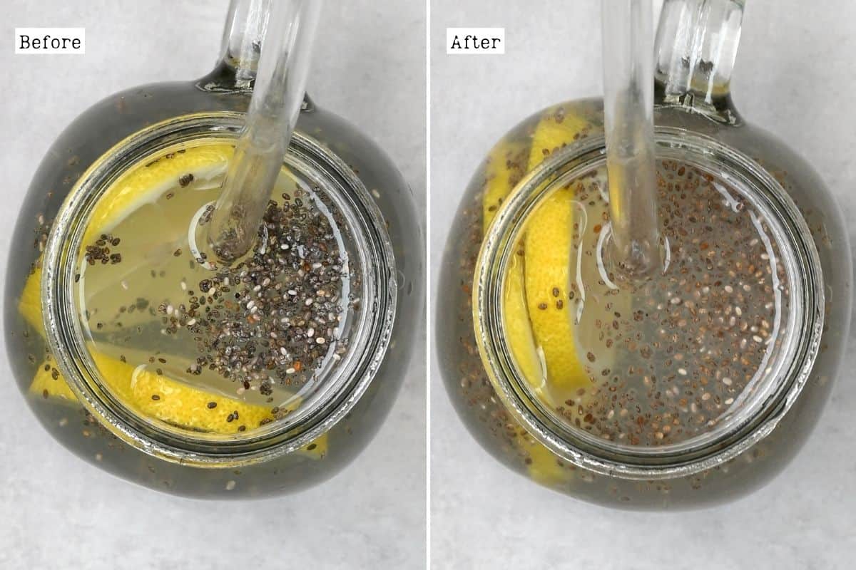 Before and after soaking chia seeds in water