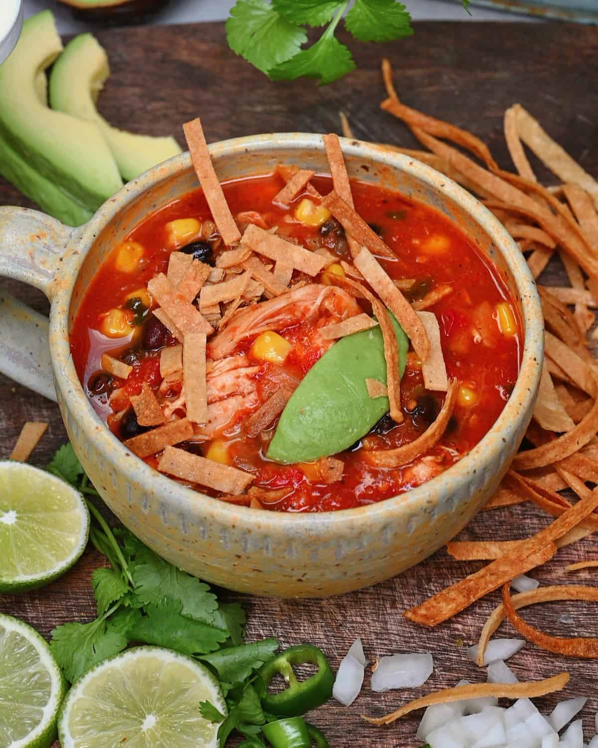 Chicken tortilla soup in a small bowl
