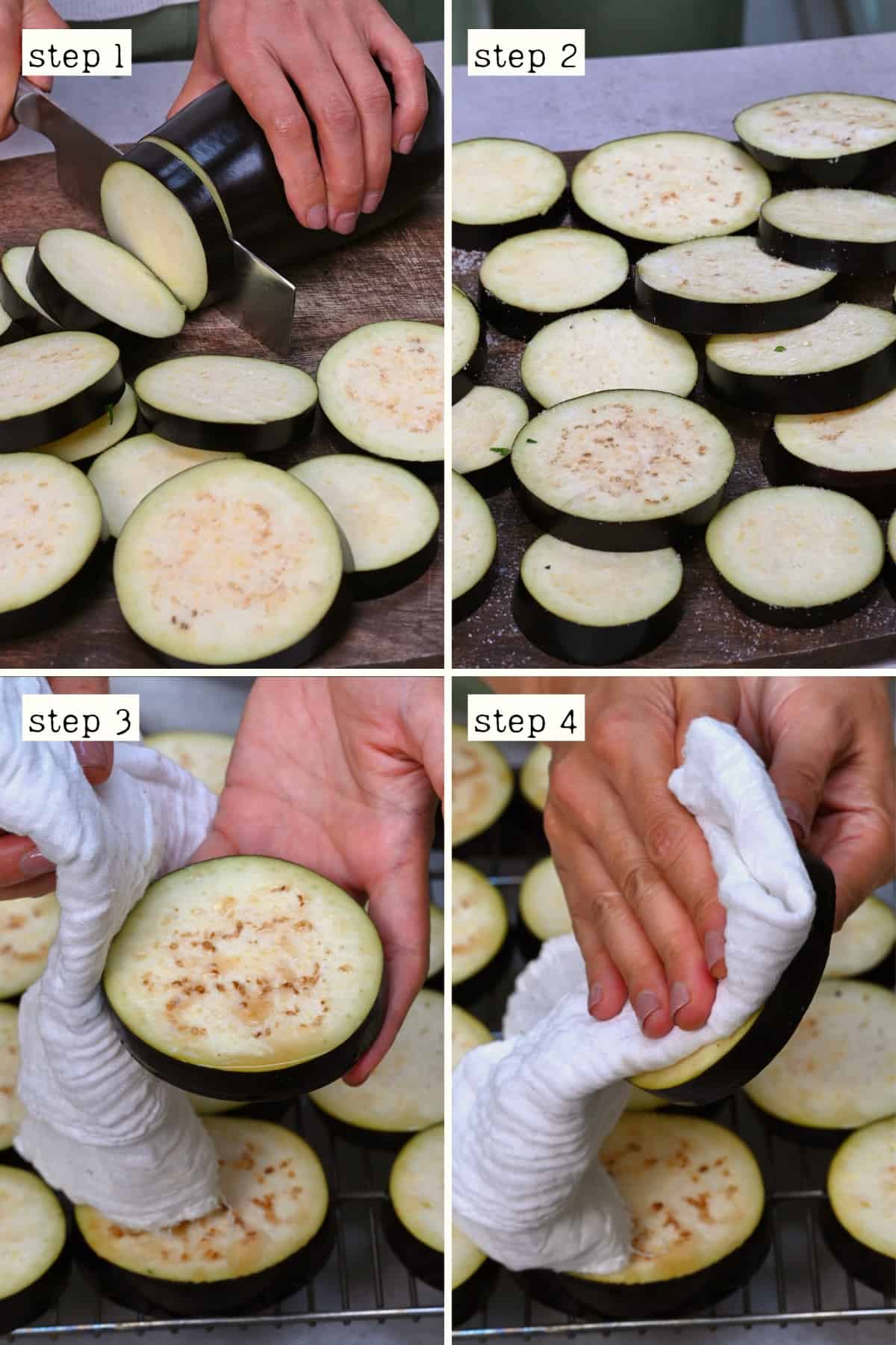 Steps for slicing and salting eggplants