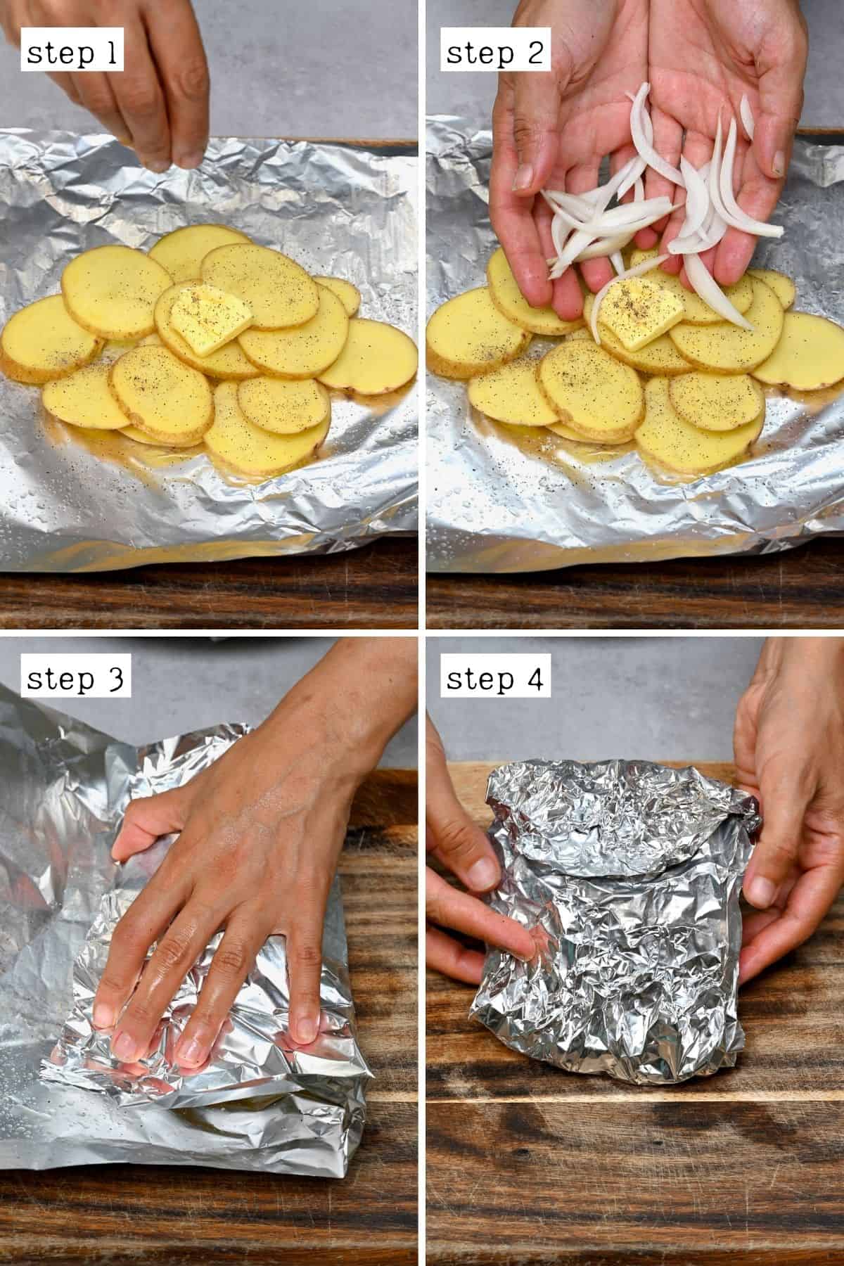 Steps for wrapping potatoes in aluminum foil