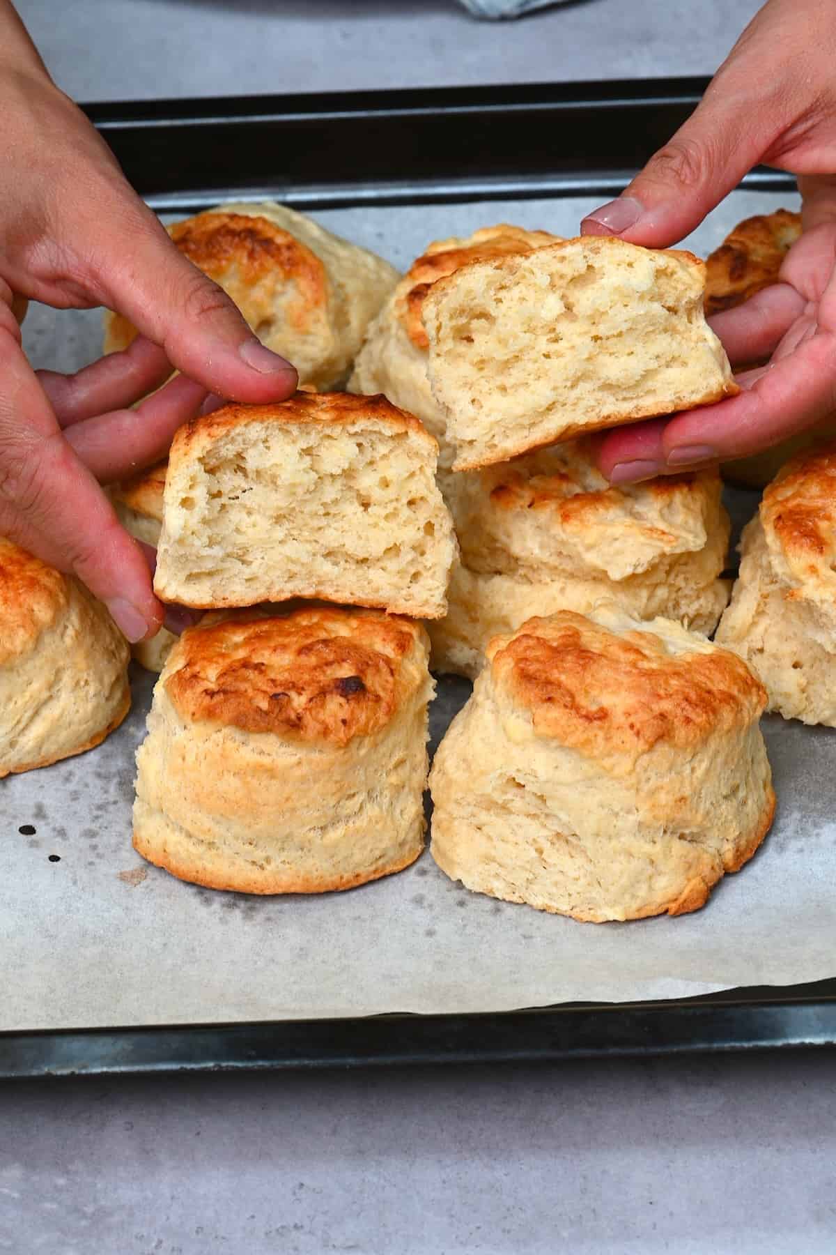 Freshly baked biscuit cut in two