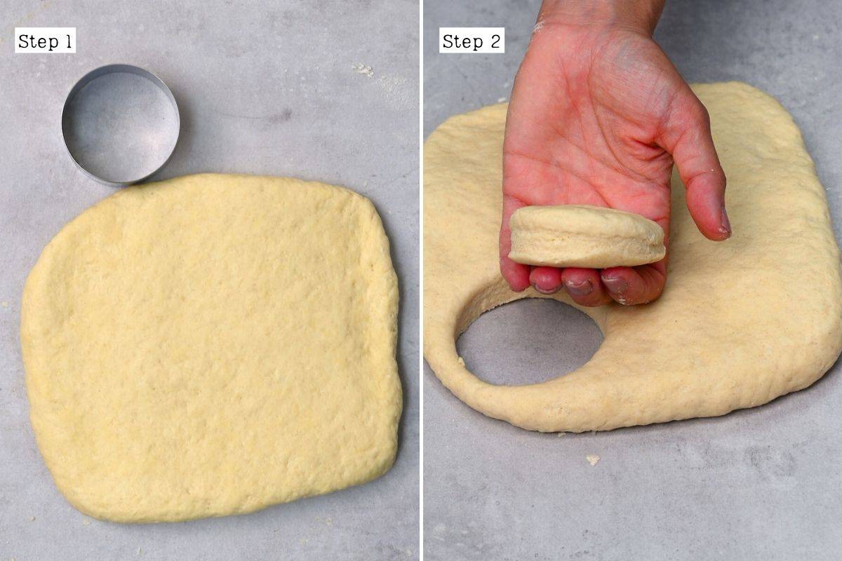 Steps for cutting biscuit shapes from dough