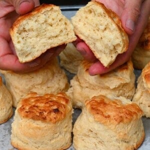 Freshly baked homemade biscuit cut into two