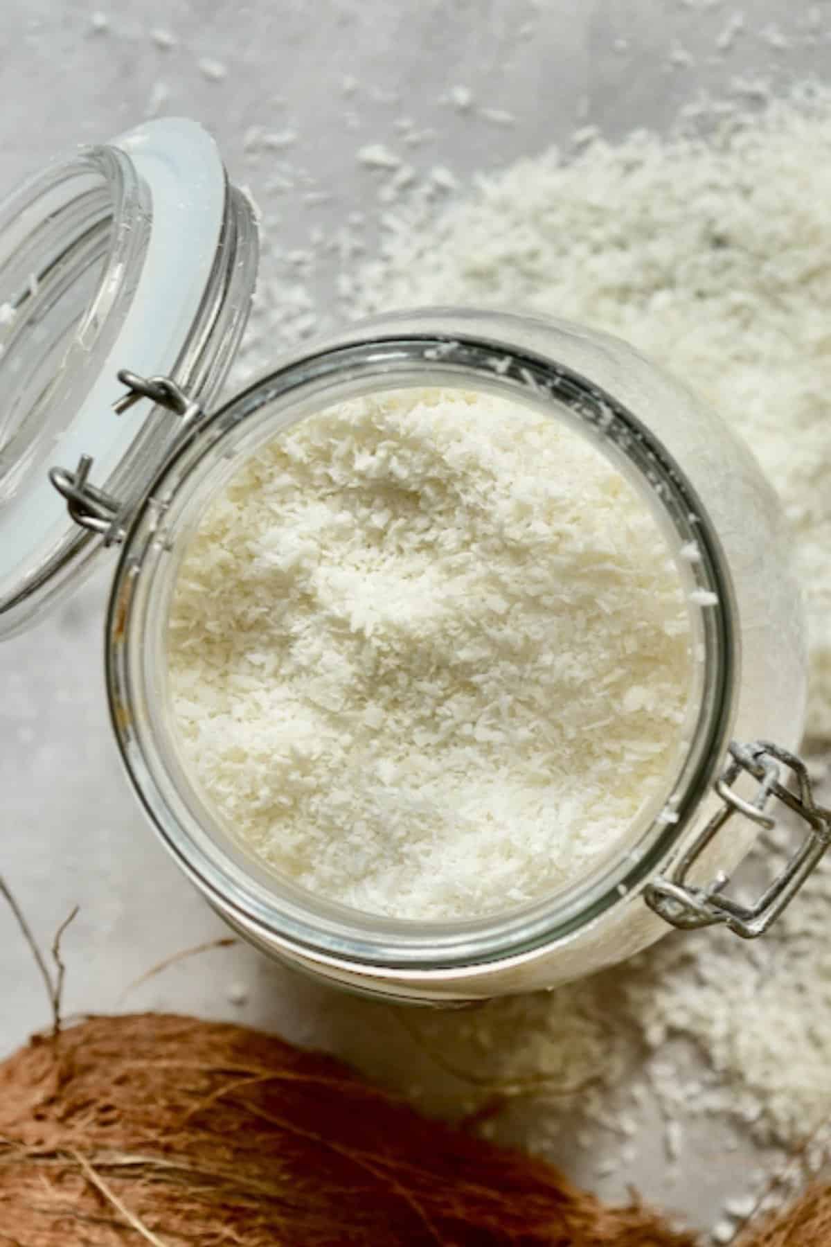 A large jar with shredded coconut