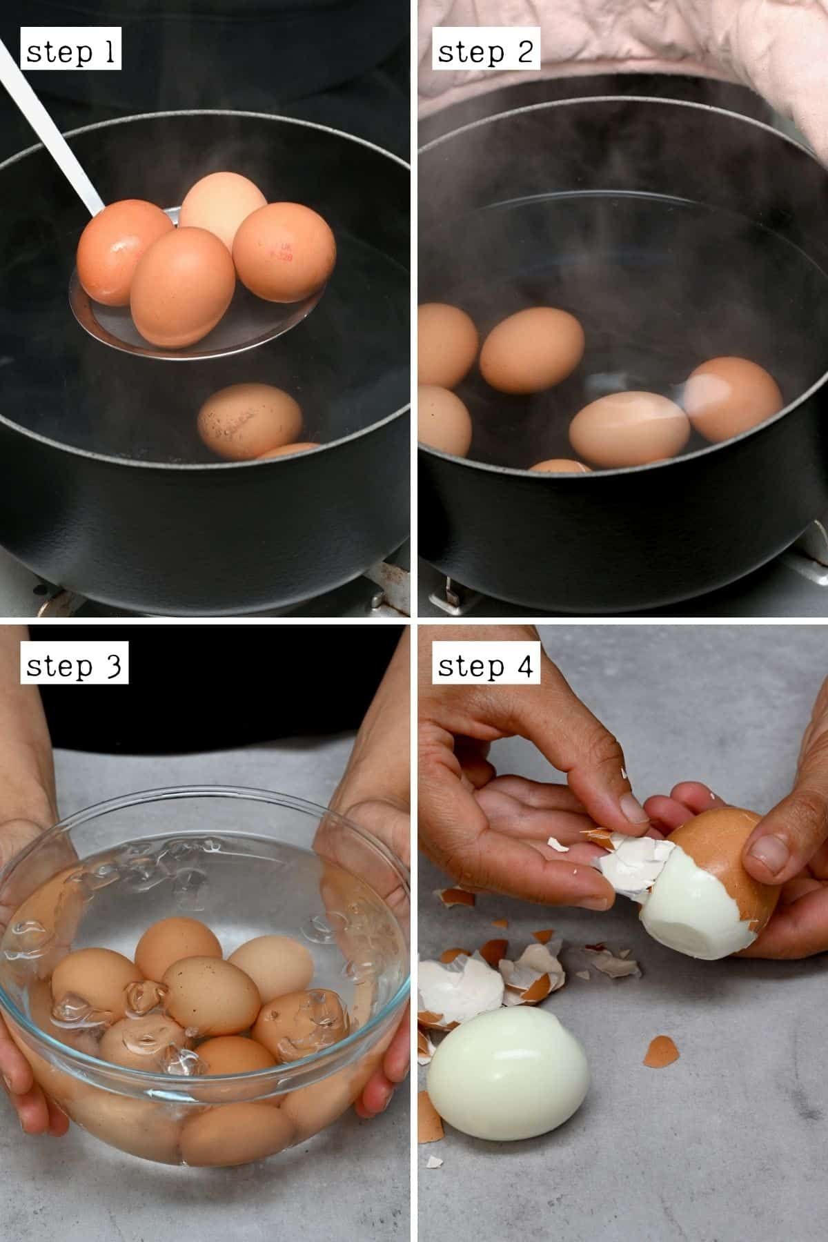 Steps for boiling and peeling eggs