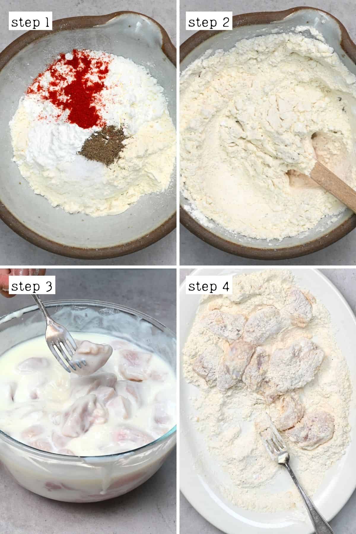 Steps for coating marinated chicken cubes in flour