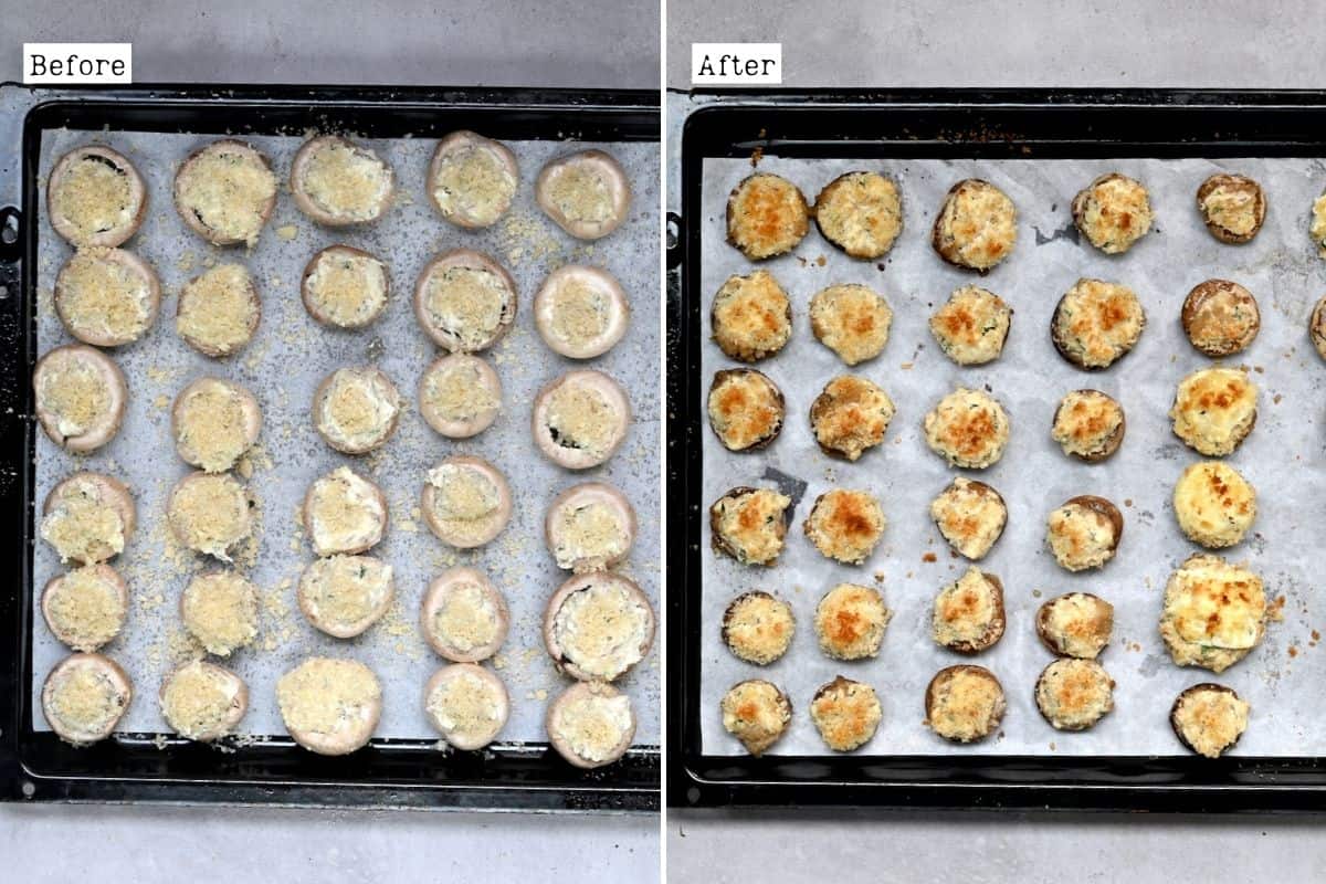 Before and after baking stuffed mushrooms
