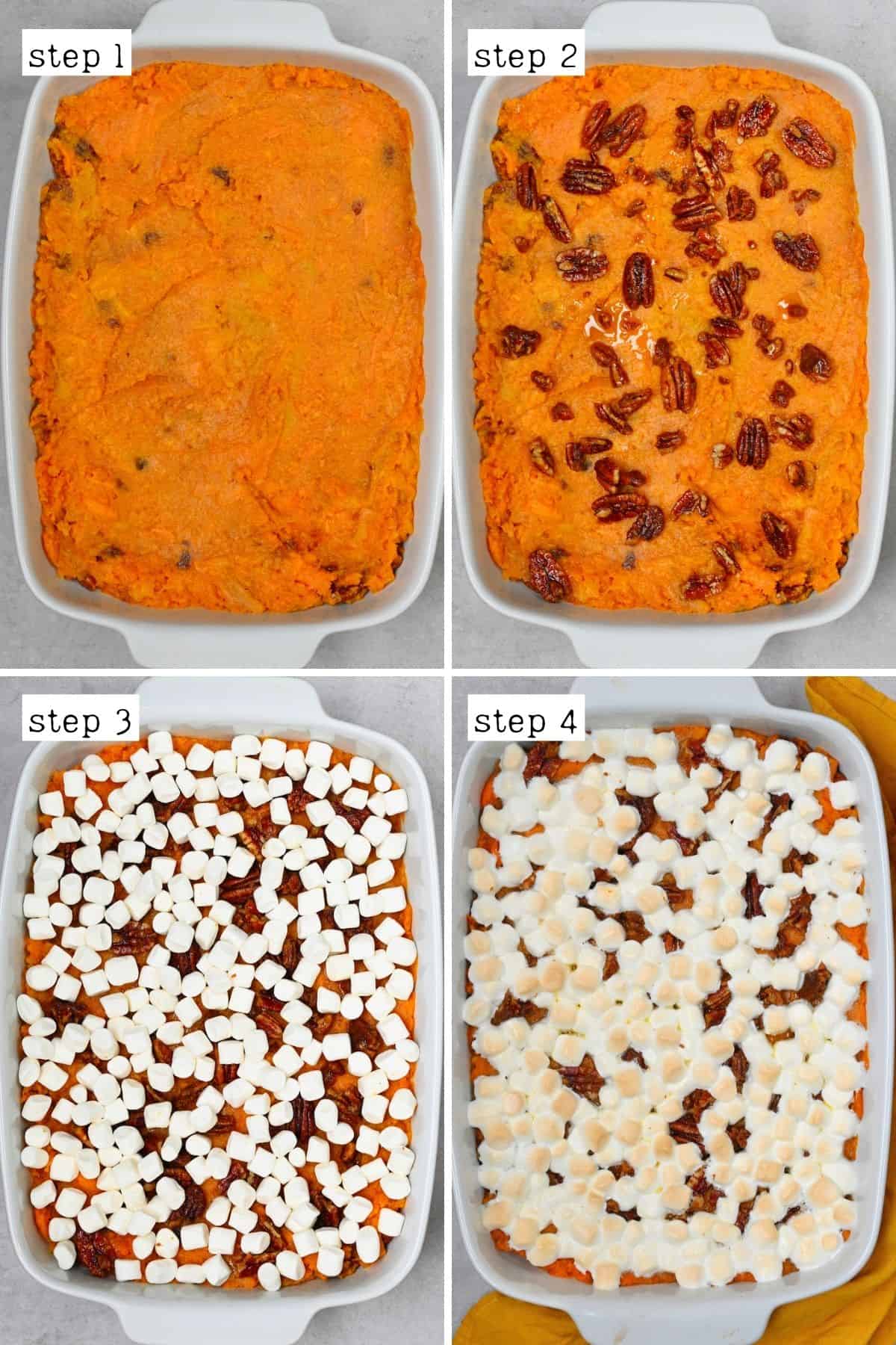 Steps for making sweet potato casserole with marshmallows