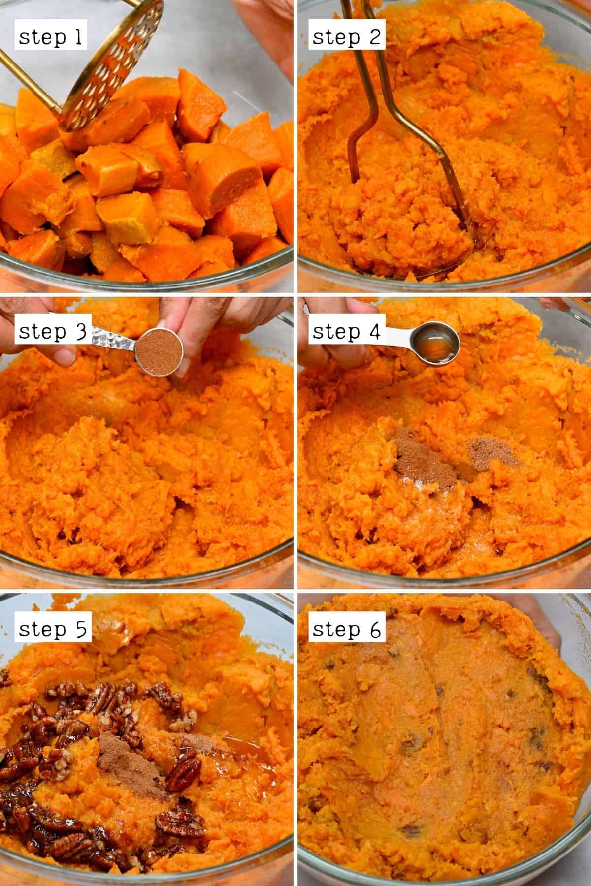 Steps for mashing and seasoning sweet potatoes