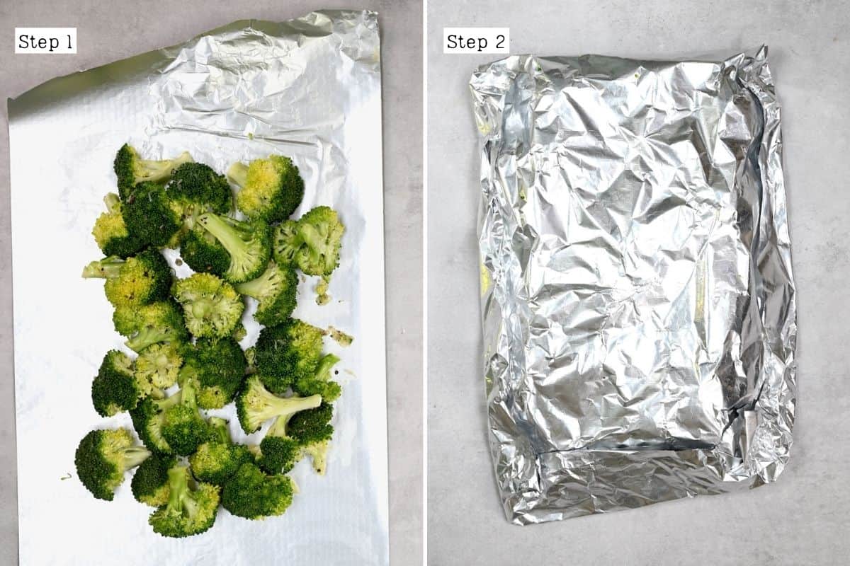 Steps for wrapping broccoli in foil