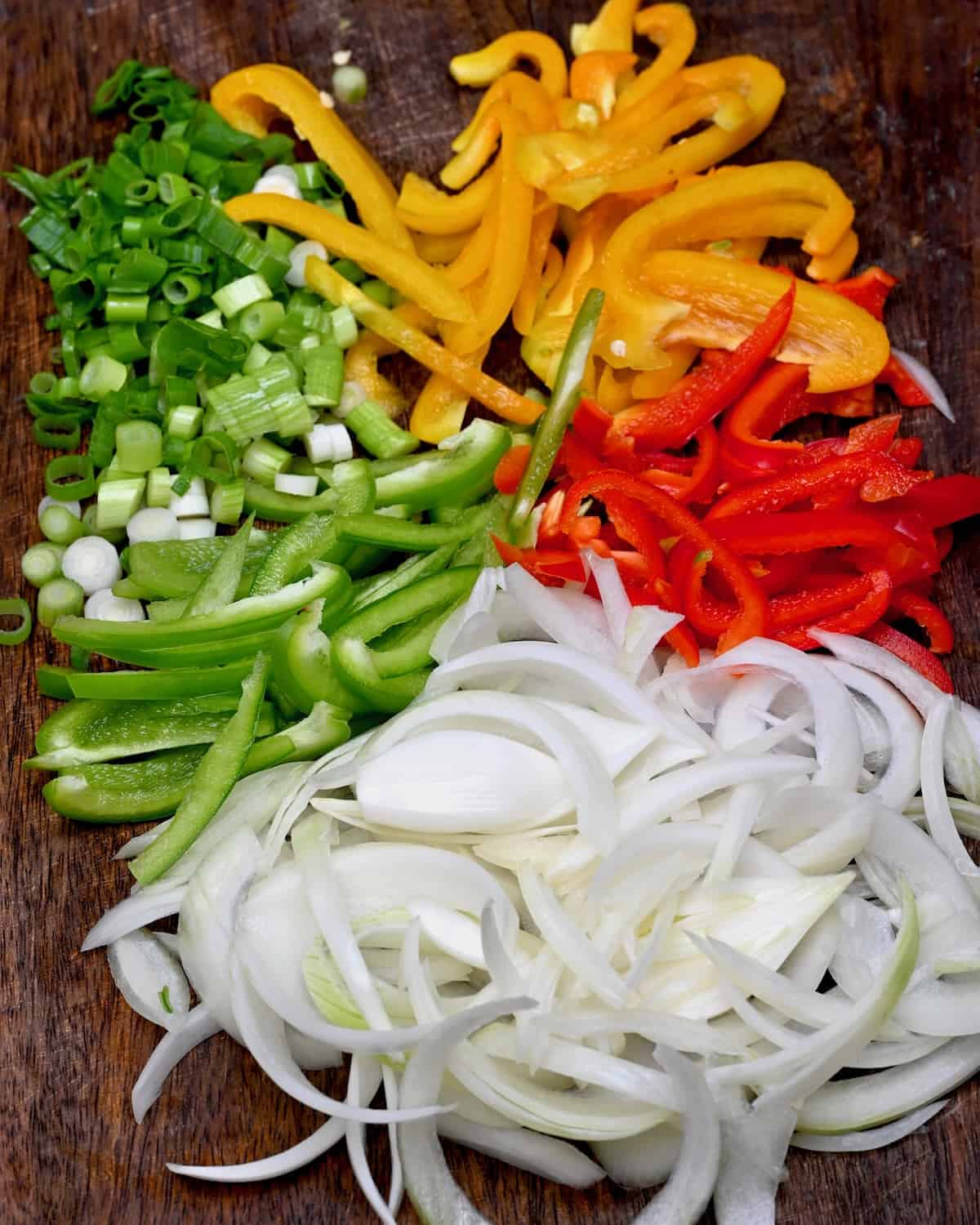 Sliced onion and bell peppers