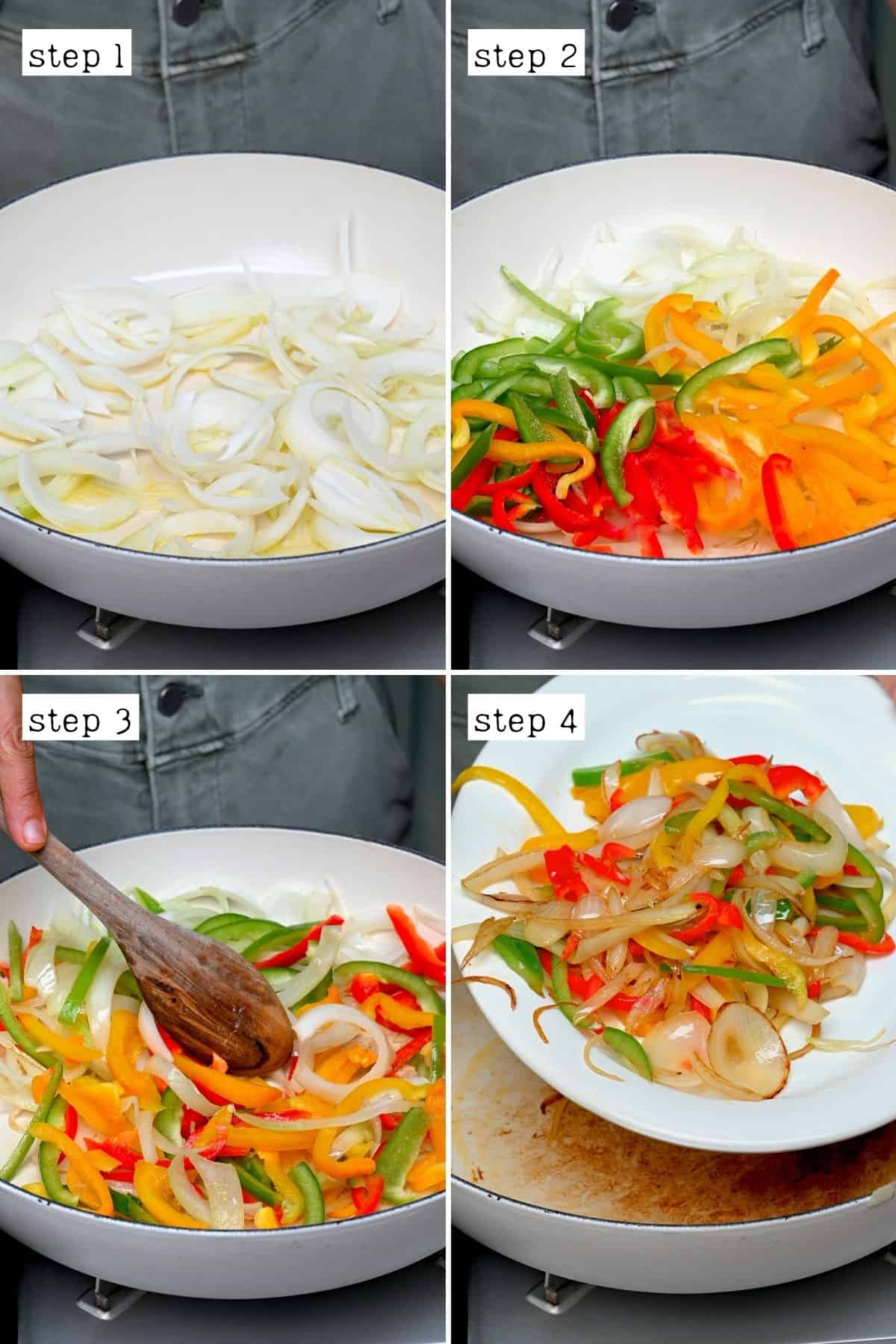 Steps for cooking onion and bell peppers