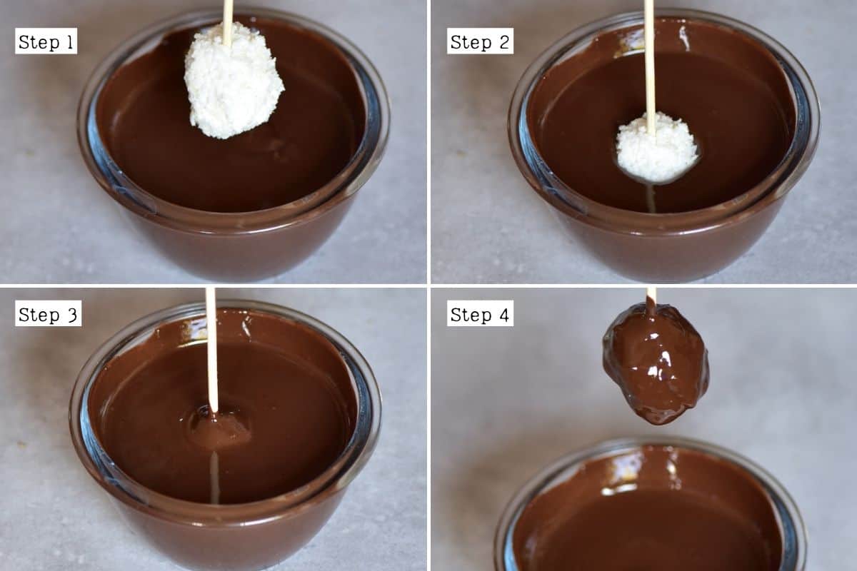Steps for dipping coconut balls in melted chocolate