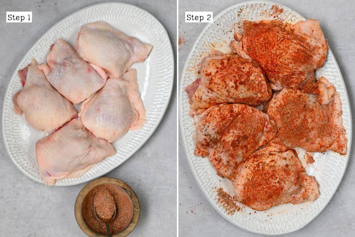 Steps for coating chicken thighs with spices