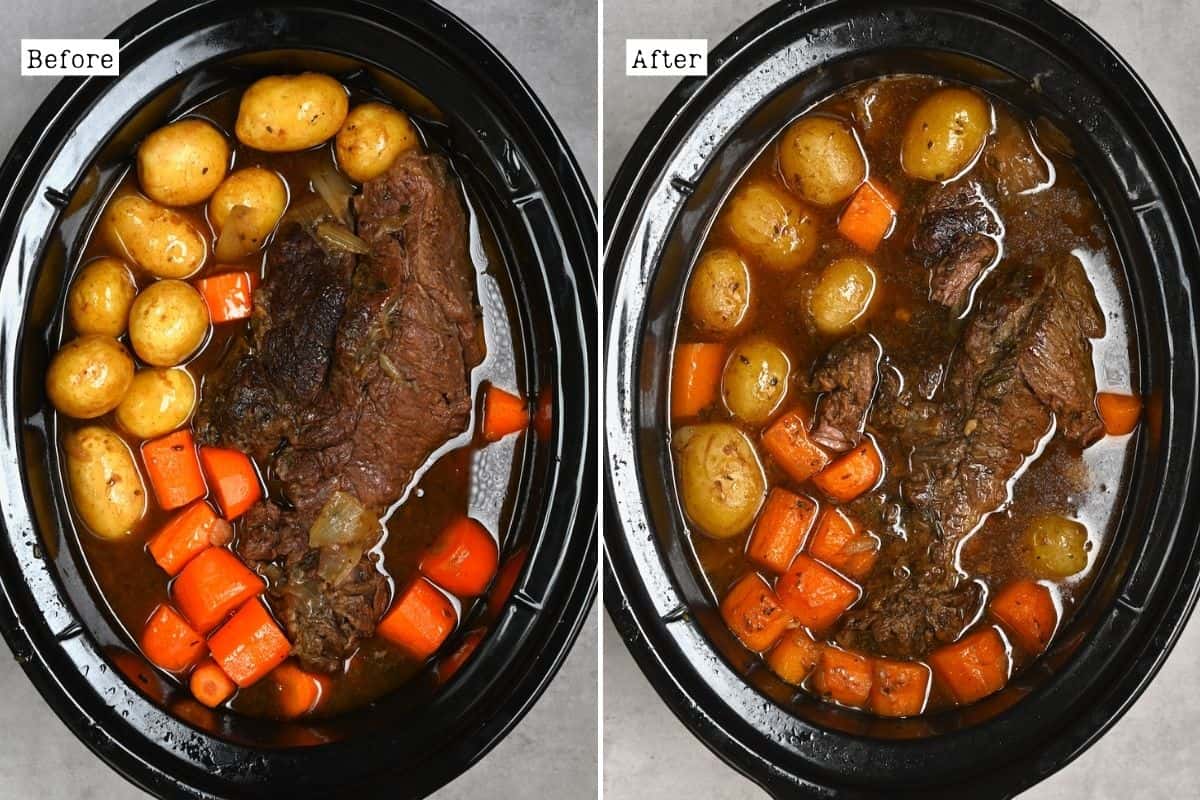 Before and after cooking chuck roast in a slow cooker