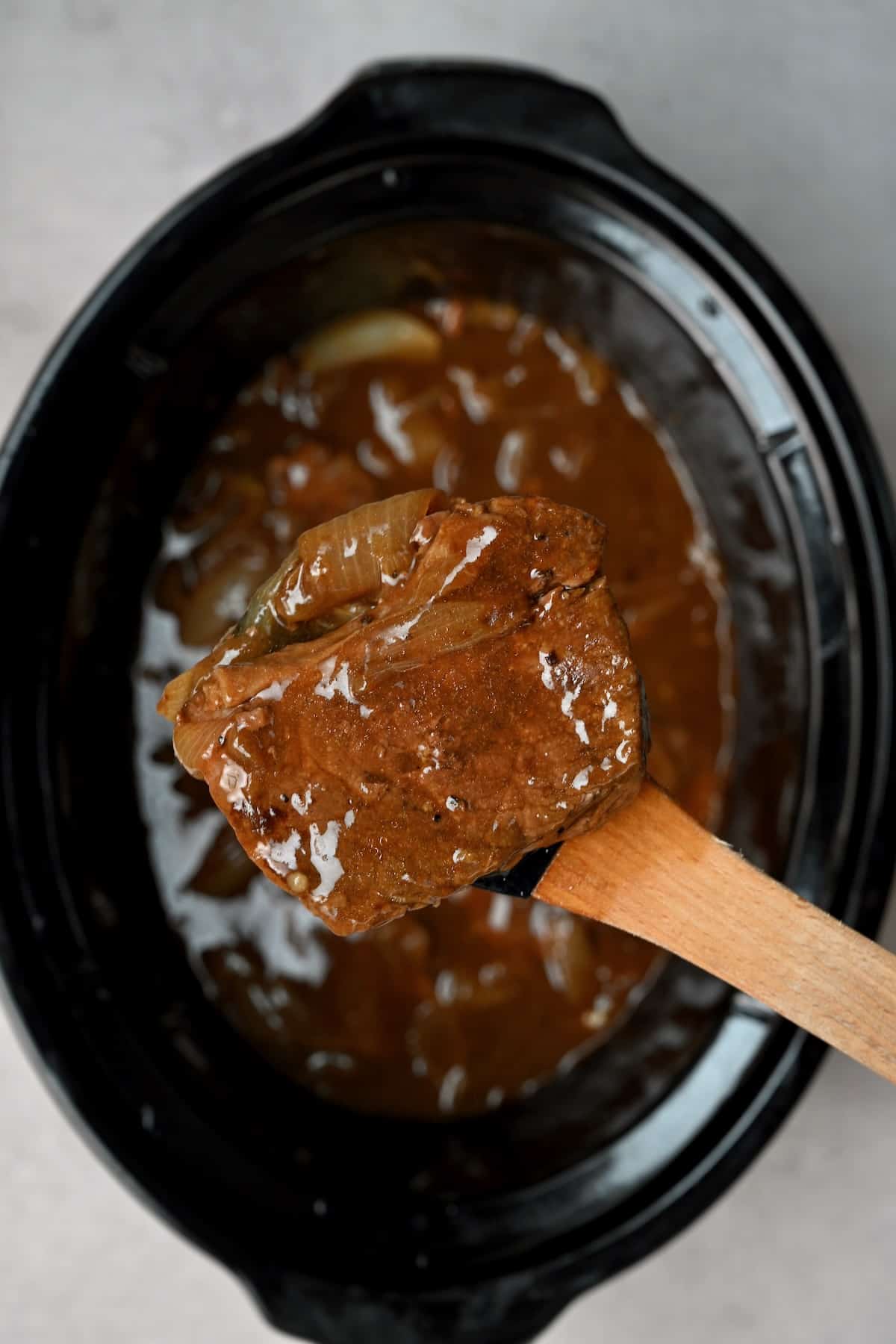 Steak and gravy cooked in a crockpot