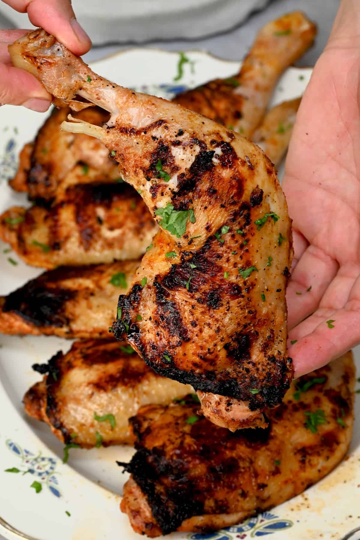 Close up of grilled chicken quarter