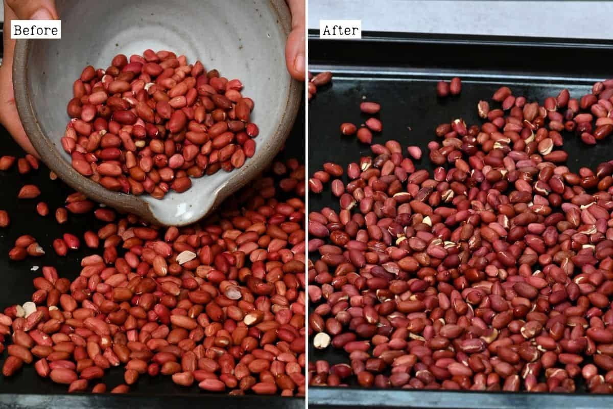 Before and after toasting peanuts in the oven