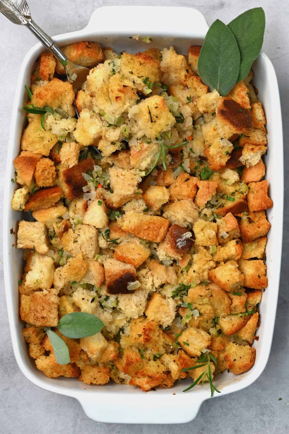 Homemade stuffing in a casserole dish