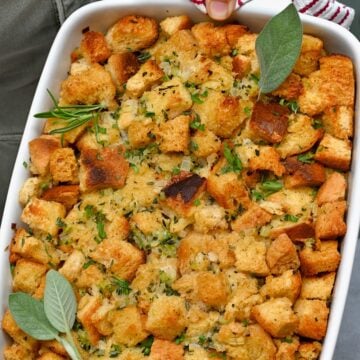 Homemade stuffing in a casserole dish