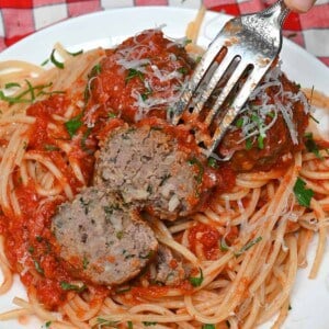 A serving of spaghetti with Italian meatballs