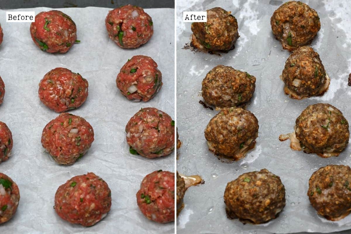 Before and after baking Italian meatballs