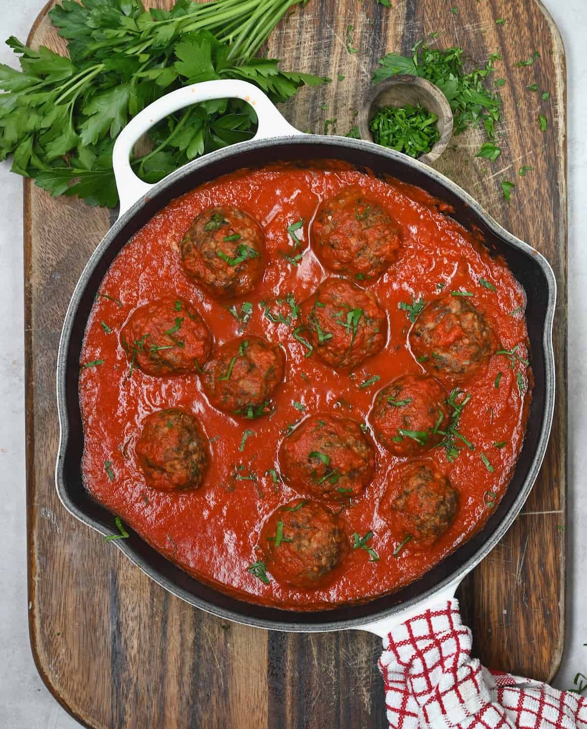 Italian meatballs with marinara sauce in a skillet